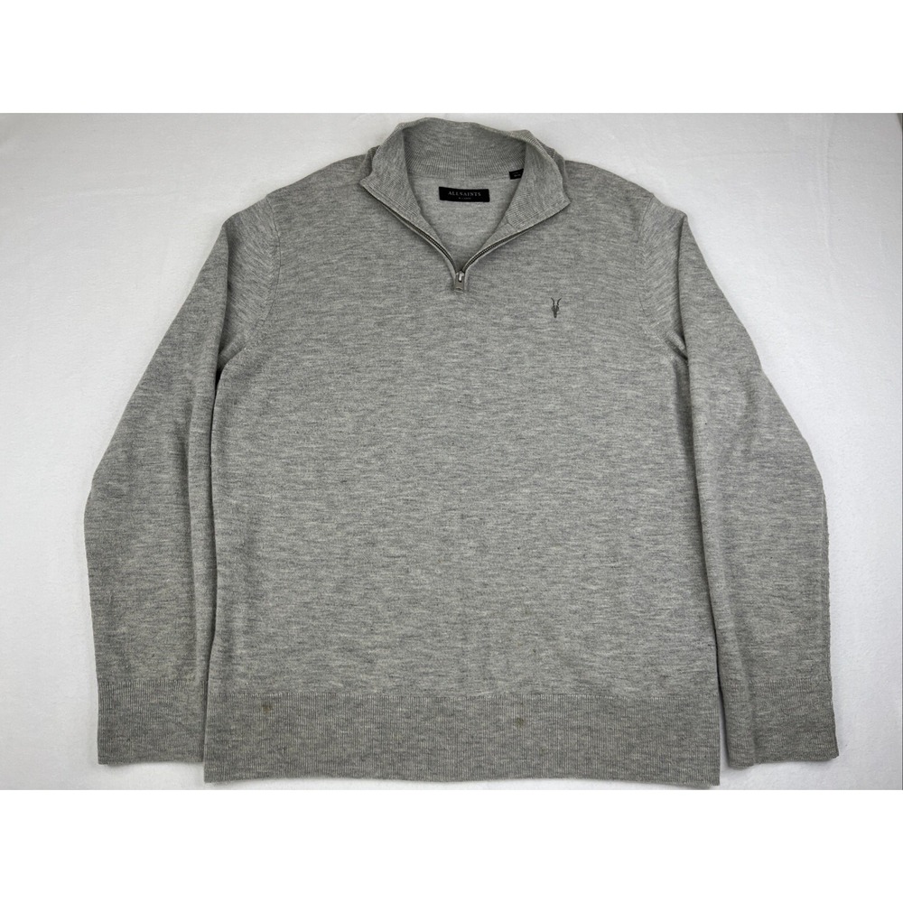 Allsaints Men's Sz XL Gray Pullover 1/4 Zip Up Wool Blend Long Sleeve Sweater
